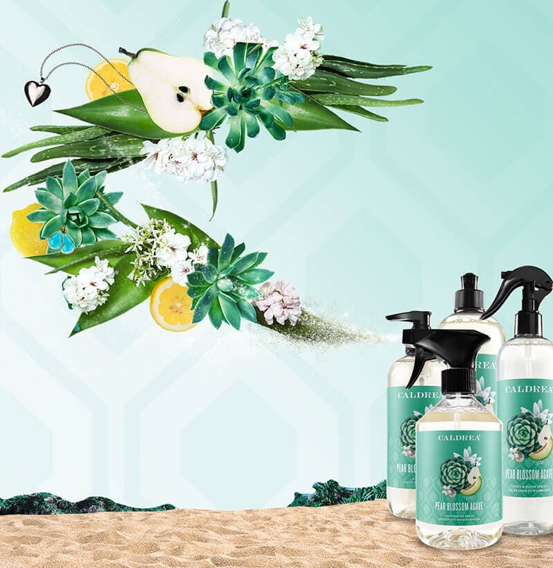 A collection of countertop spray, dish soap, and more spray out elements that encompass our scent: Pear Blossom Agave.