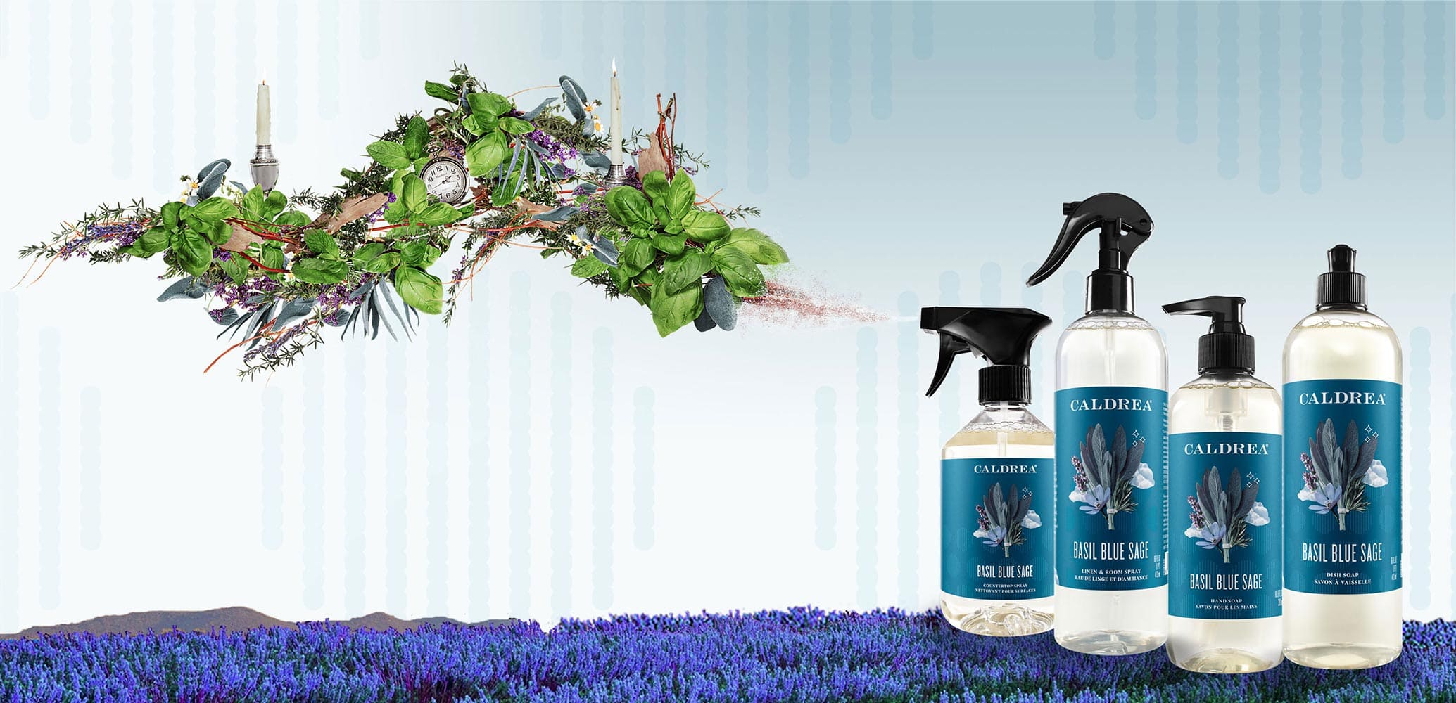 A collection of countertop spray, dish soap, and more spray out elements that encompass our scent: Basil Blue Sage.