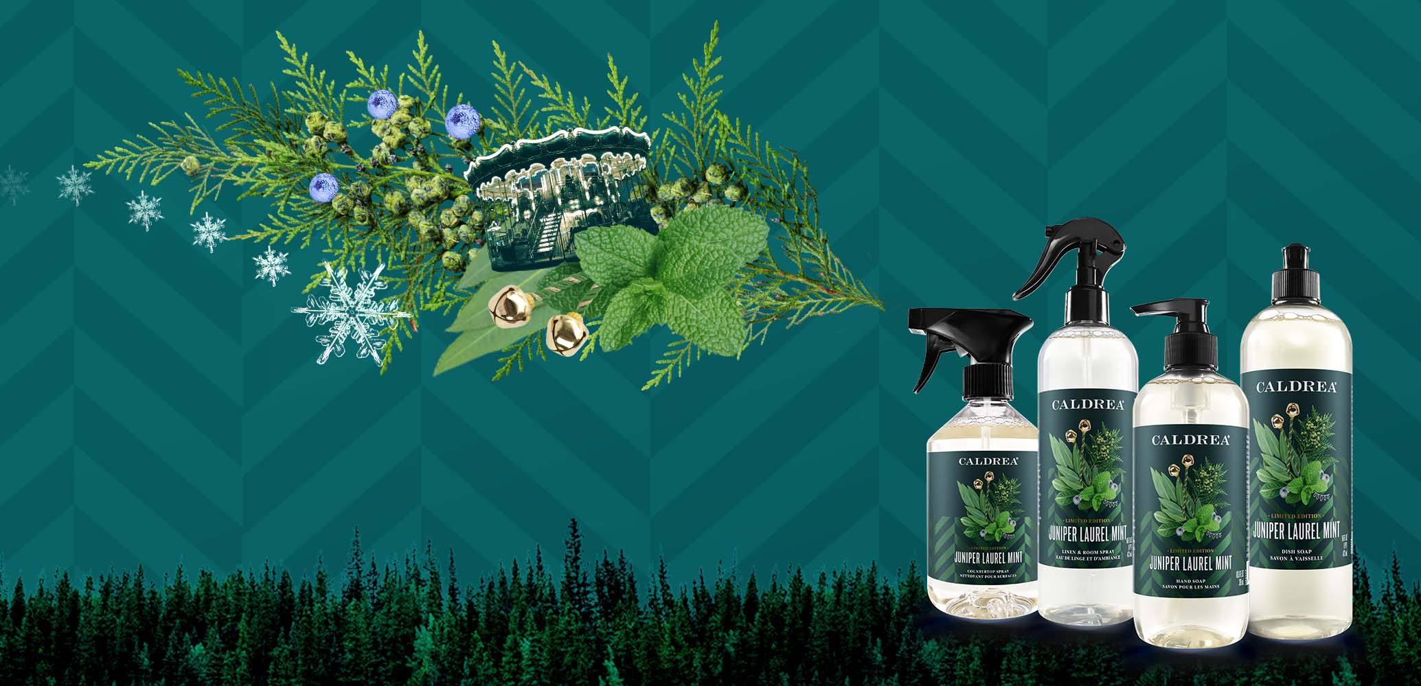 A collection of countertop spray, dish soap, and more spray out elements that encompass our scent: Juniper Laurel Mint.