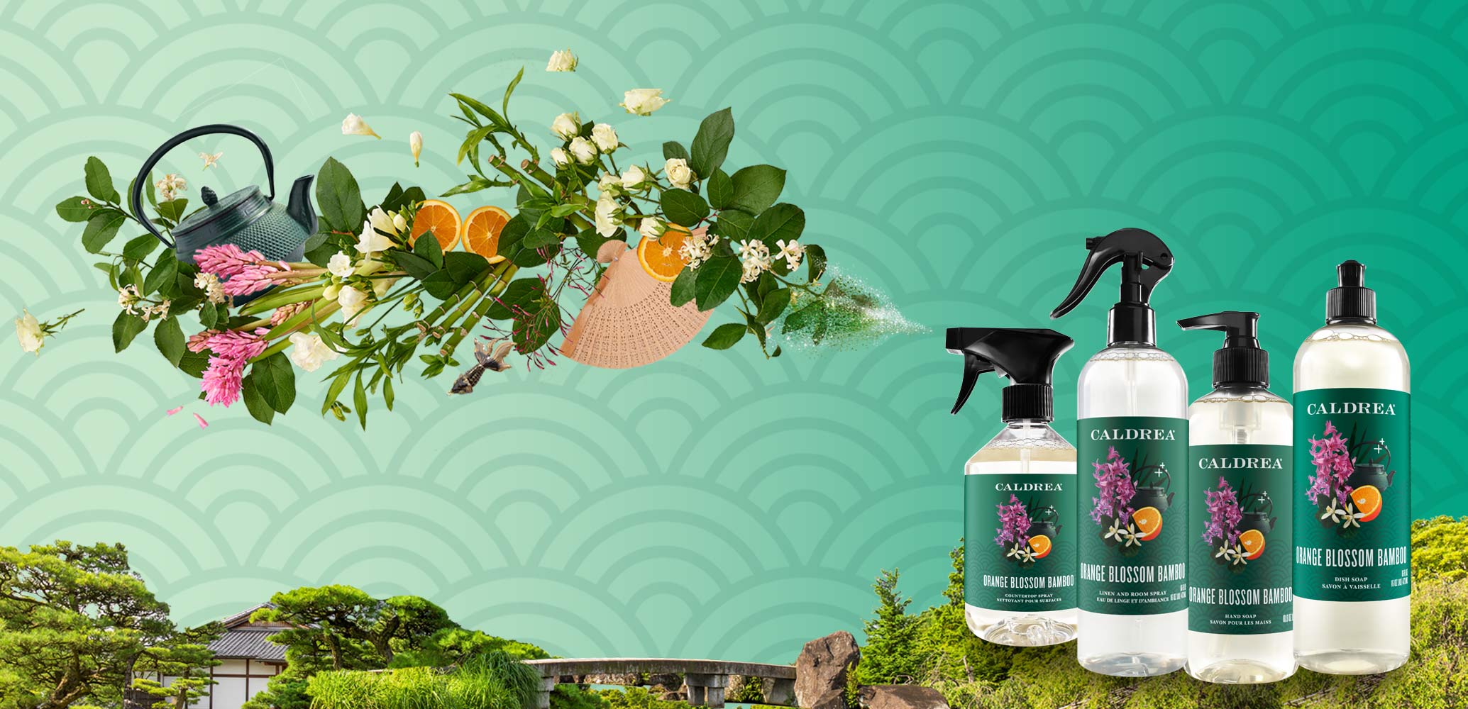 A collection of countertop spray, dish soap, and more spray out elements that encompass our scent: Orange Blossom Bamboo.