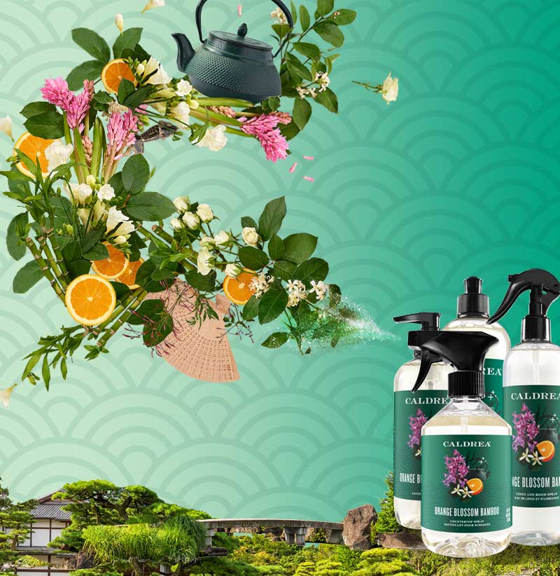 A collection of countertop spray, dish soap, and more spray out elements that encompass our scent: Orange Blossom Bamboo.