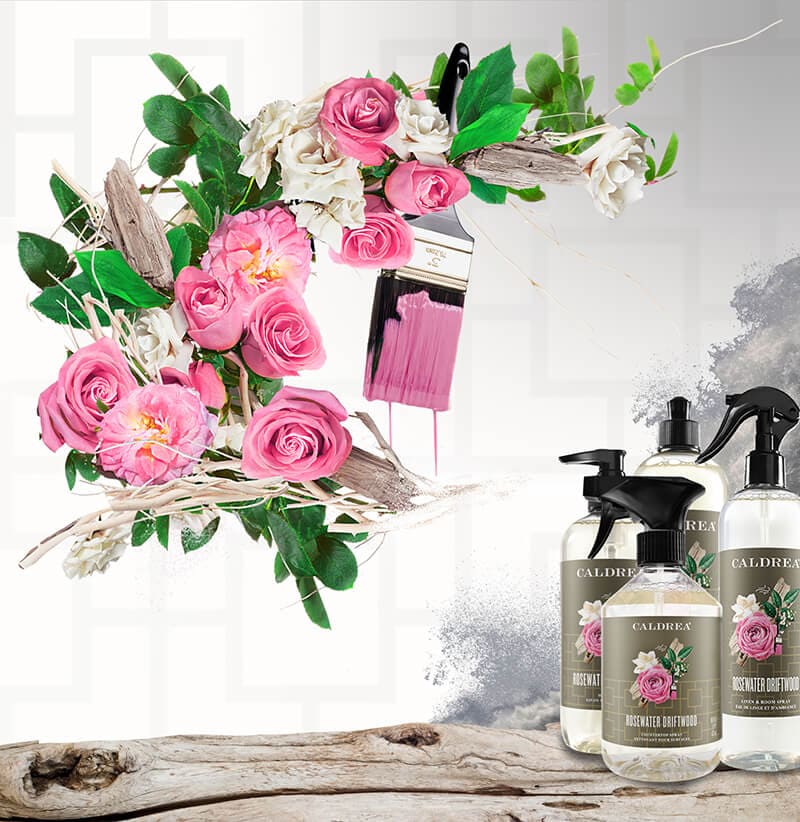 A collection of countertop spray, dish soap, and more, spray out elements that encompass our scent: Rosewater Driftwood.