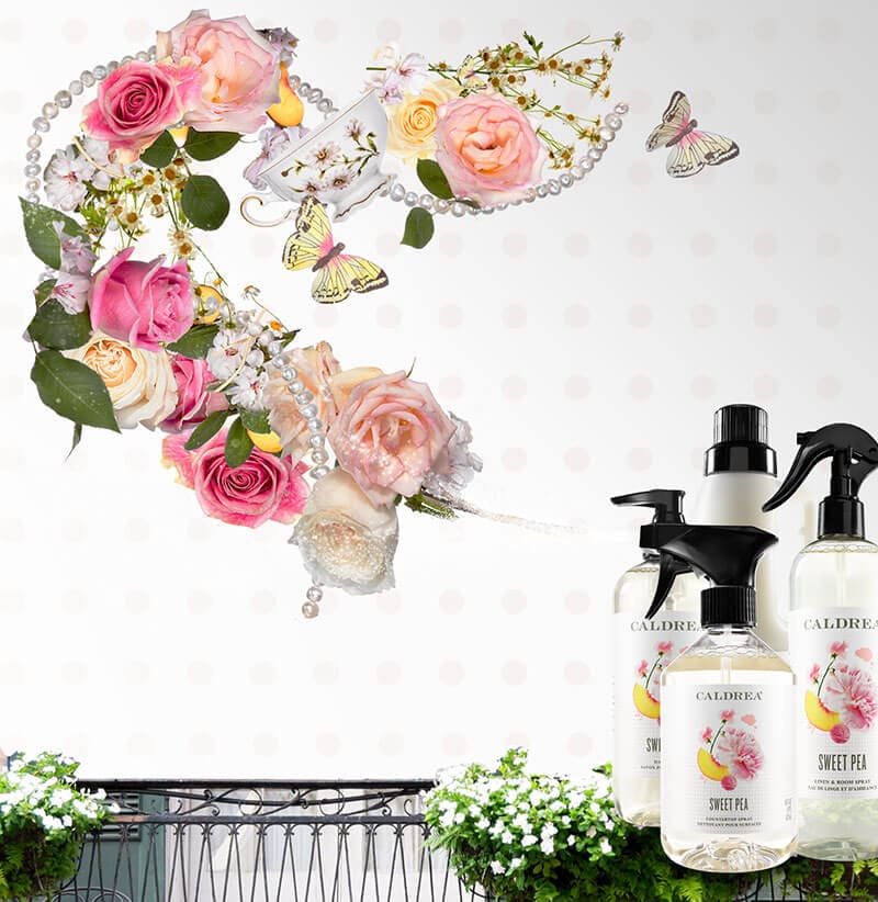 A collection of countertop spray, dish soap, and more spray out elements that encompass our scent: Sweet Pea.