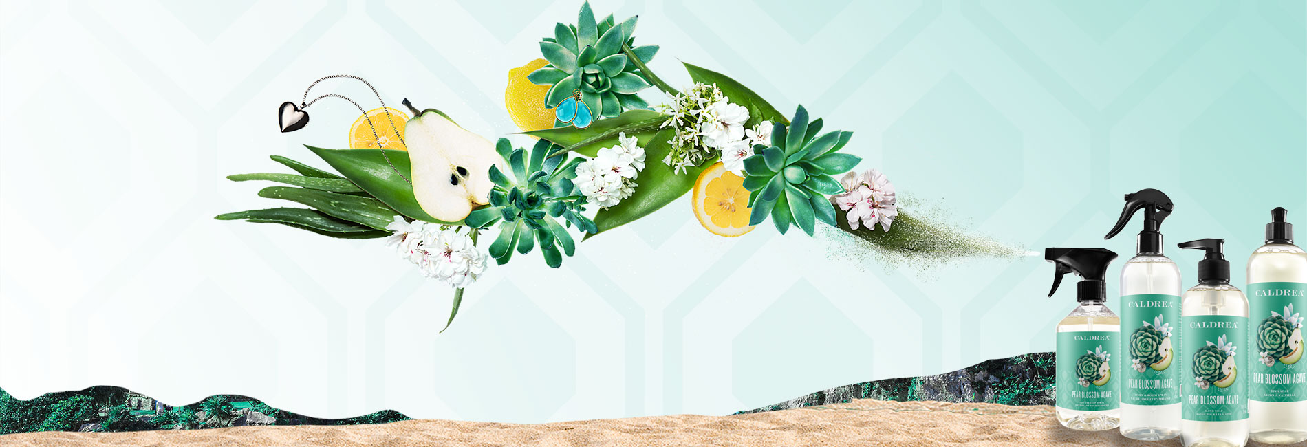 A collection of countertop spray, dish soap, and more spray out elements that encompass our scent: Pear Blossom Agave. desktop image