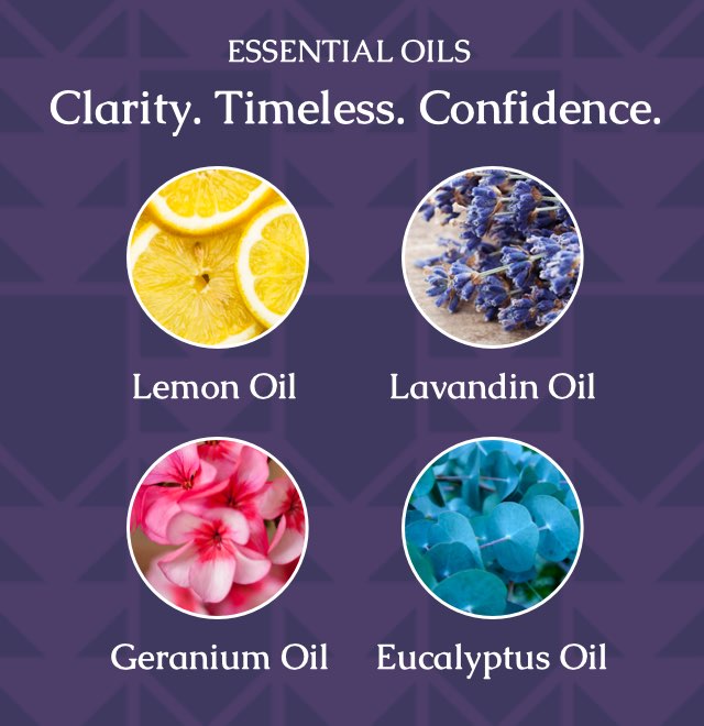 Lavender Cedar Leaf uses ingredients like Lemon Oil, Lavender Oil, Geranium Oil, Eucalyptus Oil and can be described as clarity, timeless, and confidence.