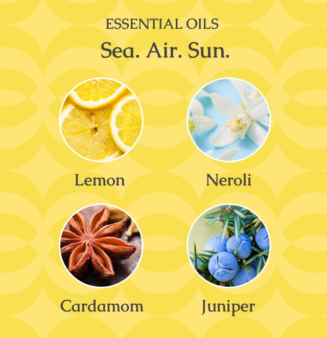 Sea Salt Neroli products use ingredients like Lemon, Neroli, Cardamom, and Juniper and can be described as the sea, air, and sun.